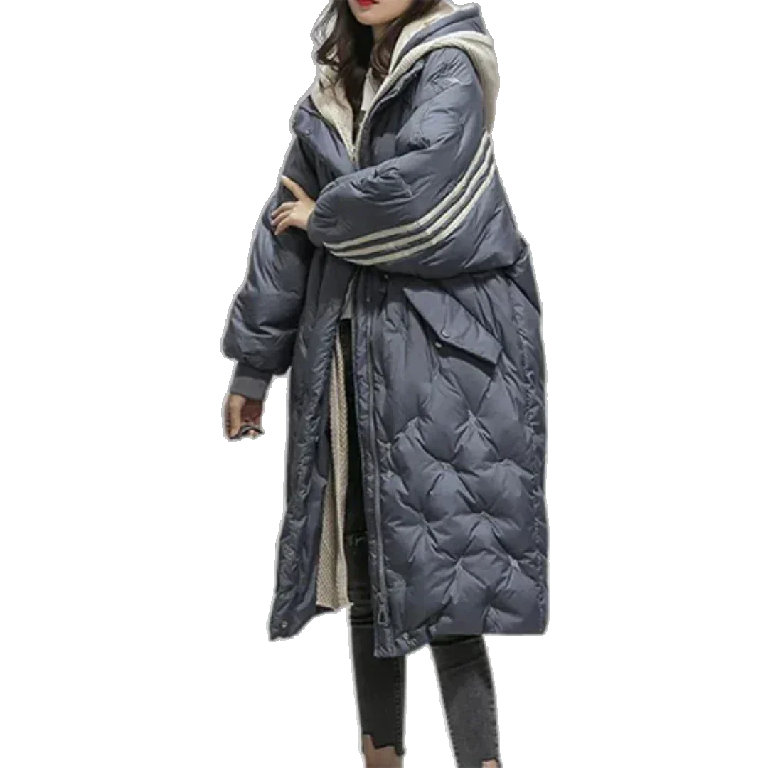 Damen lange dunkelblaue Steppjacke mit Kapuze, oversized Schnitt, leichtes Material für Komfort und Wärme.