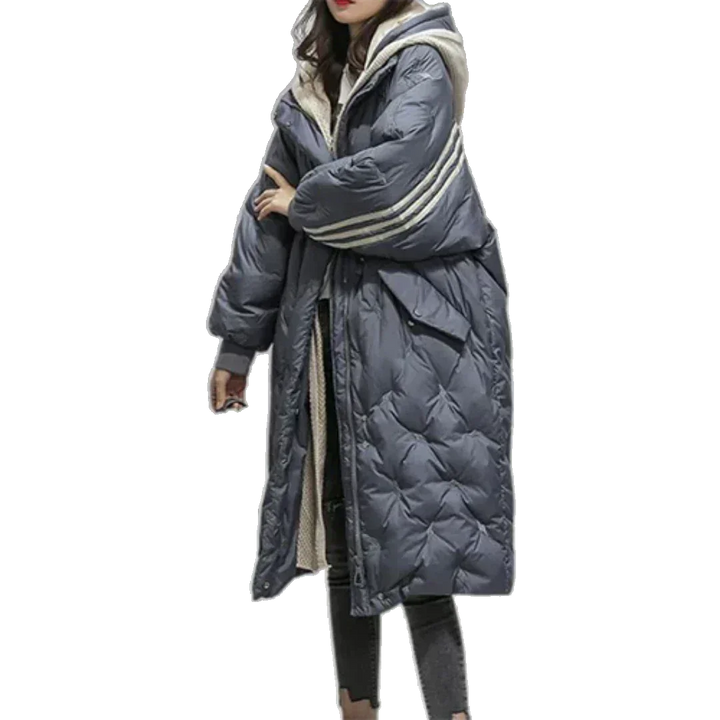 Damen lange dunkelblaue Steppjacke mit Kapuze, oversized Schnitt, leichtes Material für Komfort und Wärme.