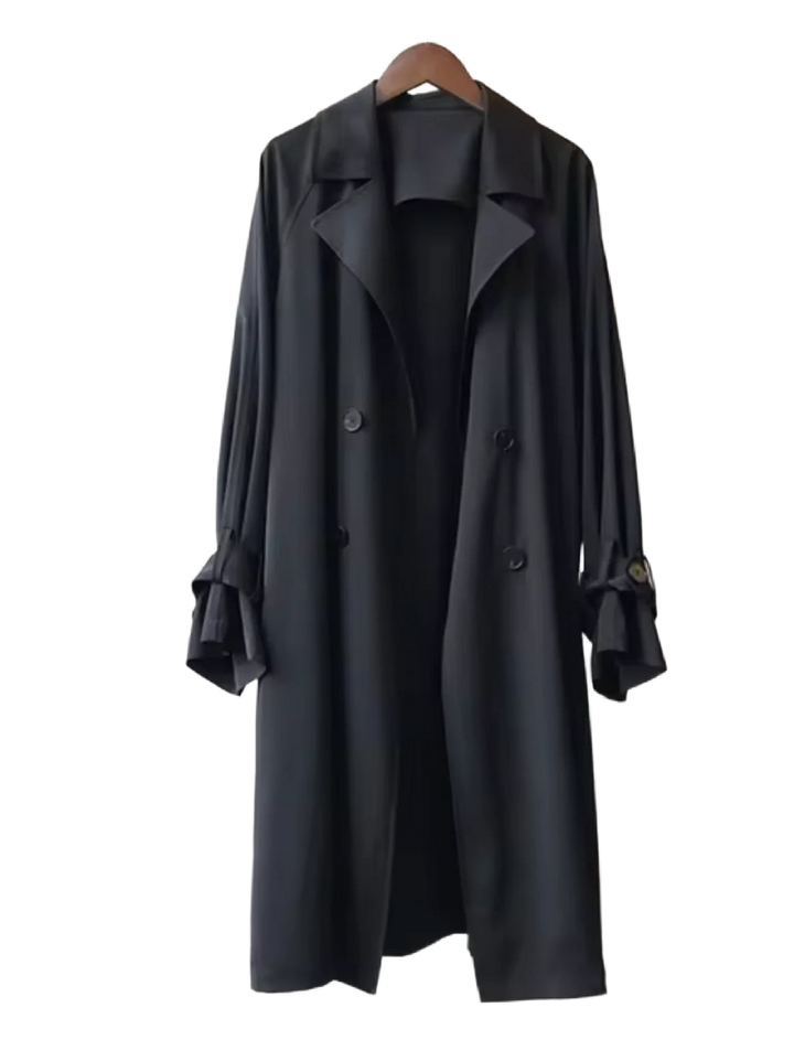 Schwarzer Damen Trenchcoat aus Baumwollmischung mit Gürtel, Knopfleiste und lässigem Schnitt für vielseitige Anlässe.