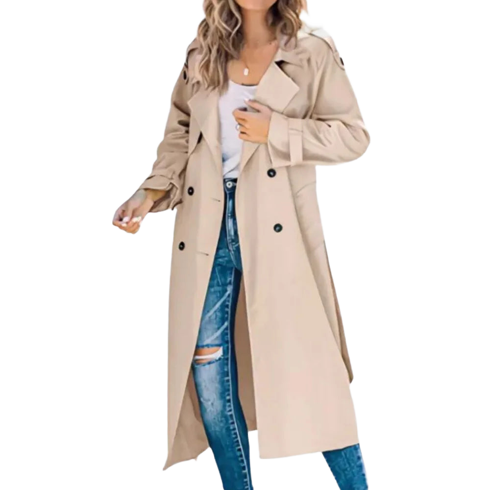 Damen Khaki Übergangsjacke aus Baumwolle mit Knopfdetails und praktischen Taschen, ideal für die Übergangszeit.