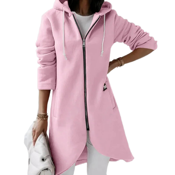 Rosa Damen Kapuzenmantel aus weichem Material mit Reißverschluss und praktischen Taschen für den Alltag.