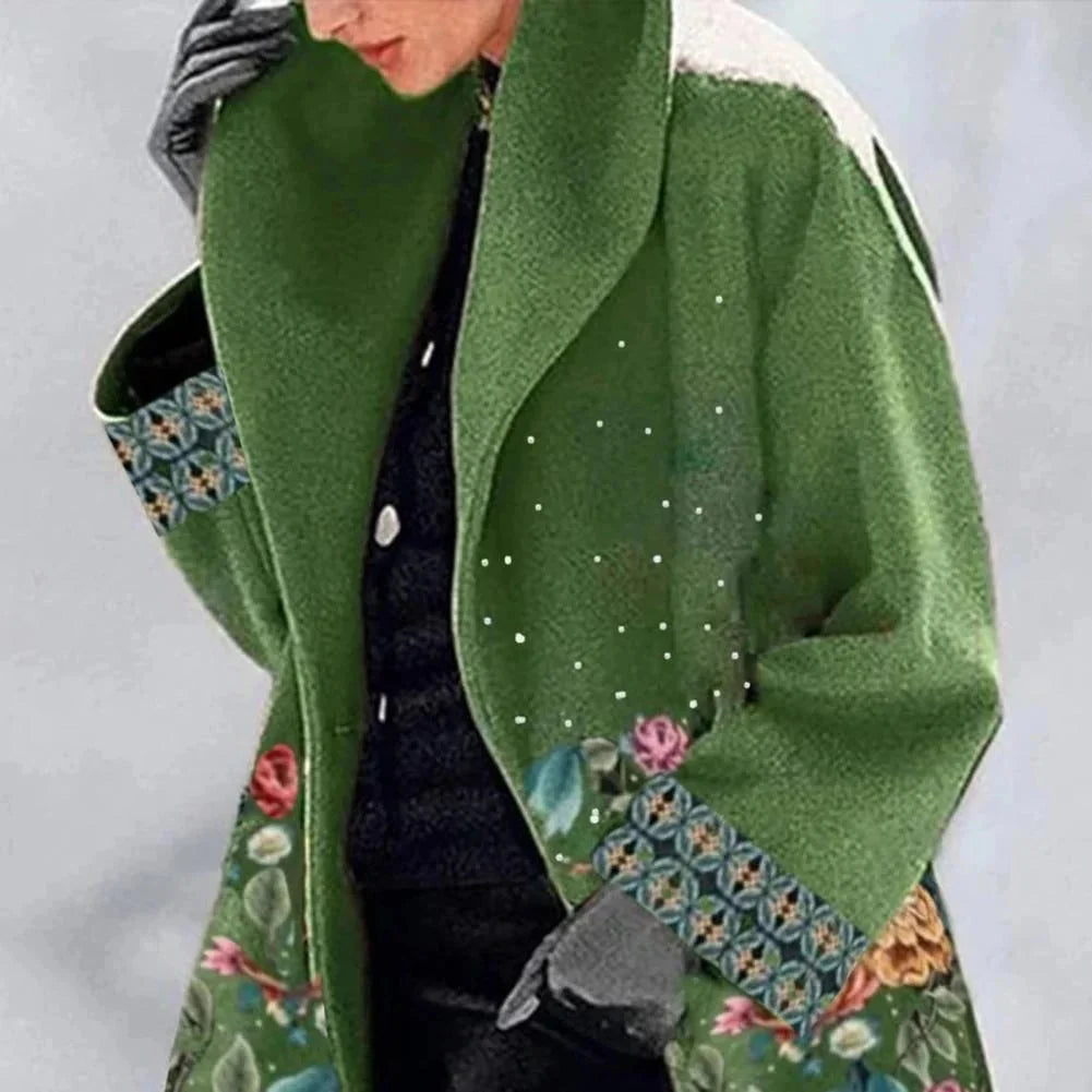 Damen Langmantel mit floralem Muster, aus leichtem Stoff, weitem Kragen und knöpfen, ideal für frühlingshafte Tage.