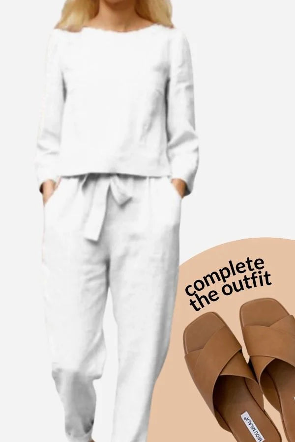 Damen Leinen Zweiteiler Set mit Rundhalsausschnitt, lässiger Schnitt, atmungsaktives Material, ideal für warme Tage.