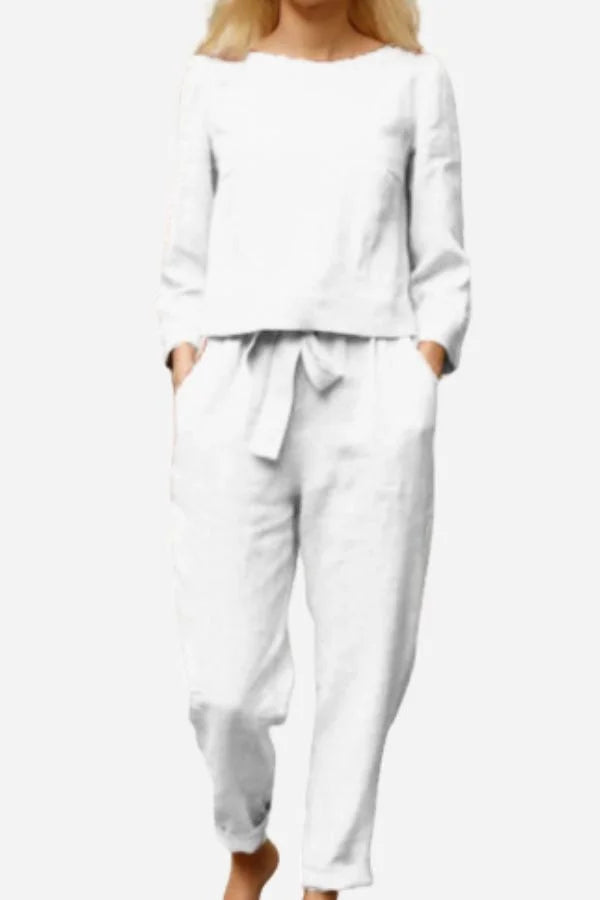 Damen Zweiteiler Set aus leichtem Leinen mit Rundhalsausschnitt, ideal für Sommerlooks und lässige Outfits.