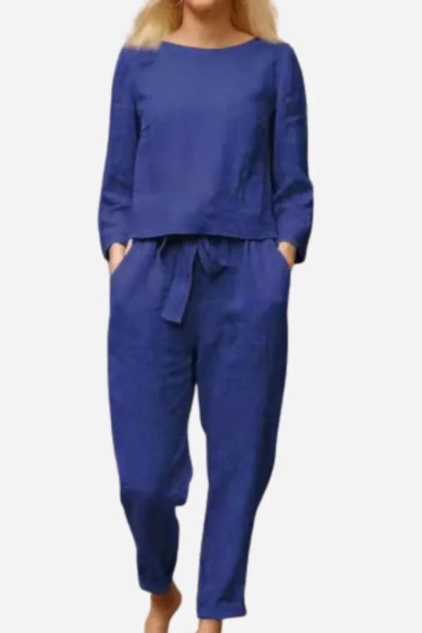 Damen Leinen Zweiteiler Set mit Rundhalsausschnitt, lässiger Schnitt, atmungsaktives Material, ideal für warme Tage.
