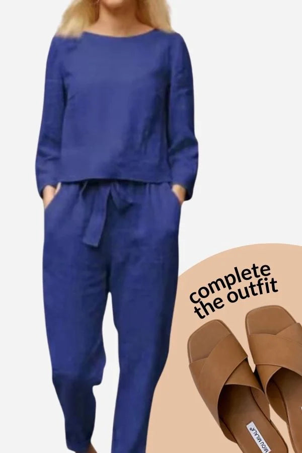 Damen Zweiteiler Set aus leichtem Leinen mit Rundhalsausschnitt und lässigem, bequemen Schnitt für den Sommer.