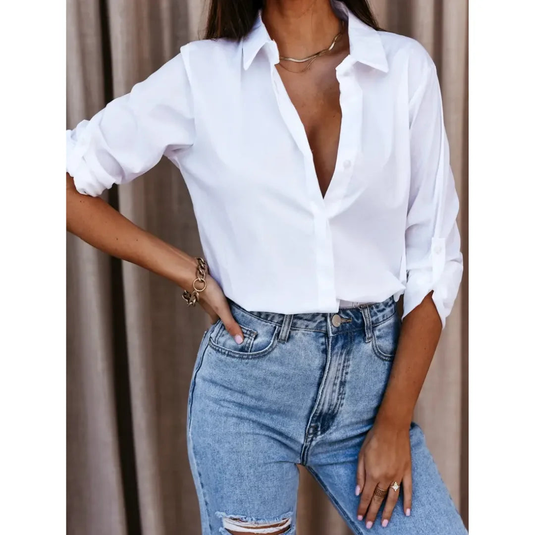 Damen Bluse aus leichtem Baumwollmix, locker geschnitten, mit Langarm und klassischem Kragen in zeitlosem Design.