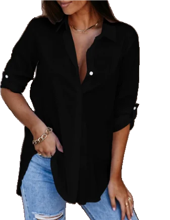 Schwarze Damenbluse, locker geschnitten, Langarm, klassischer Kragen, aus leichtem Baumwollmaterial für angenehmen…