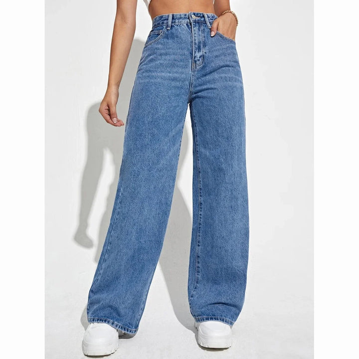 Damen Loose Fit Jeans mit Hohem Bund in Dunkelblau, aus Baumwollmischung, entspannter Schnitt, hohe Taille für extra Komfort.