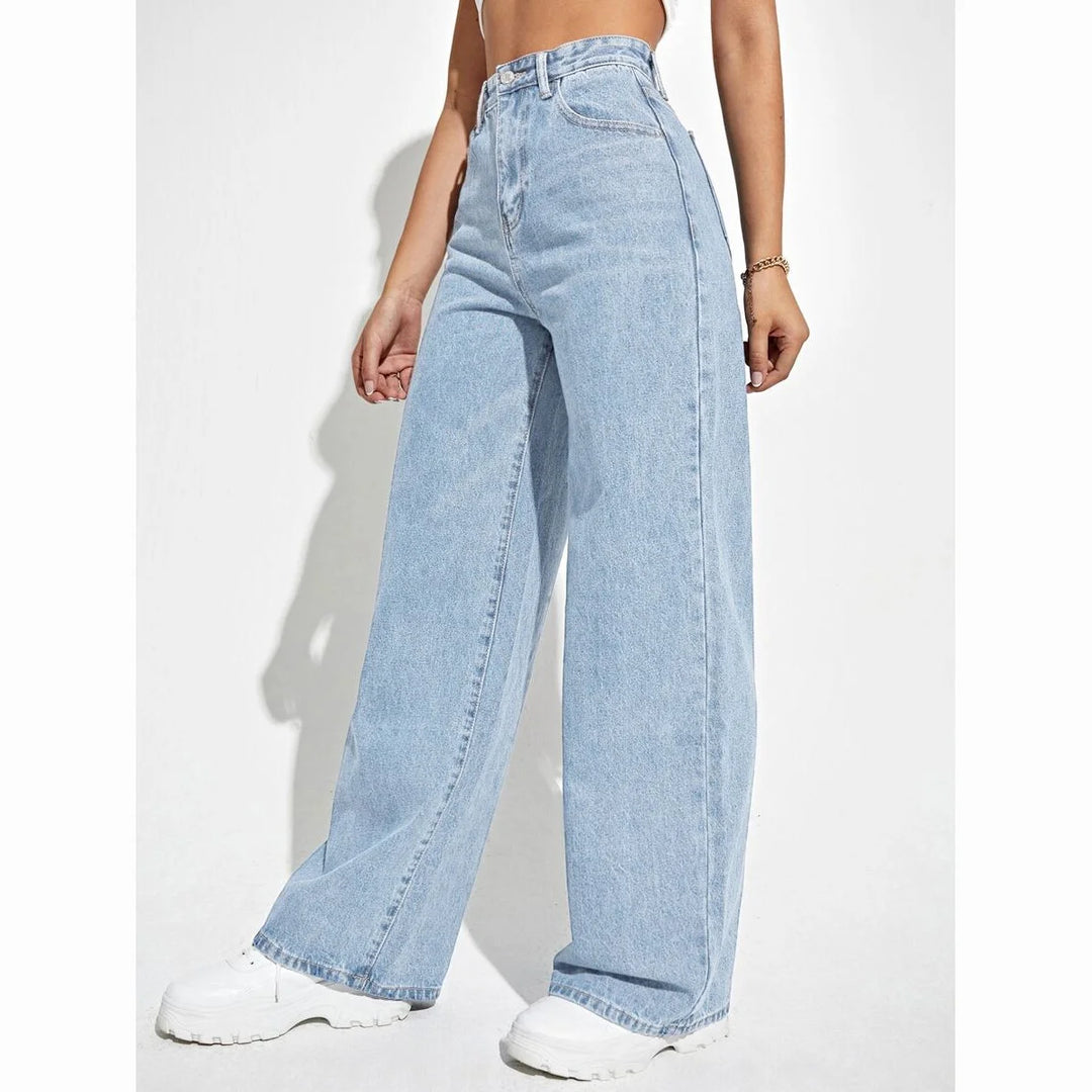 Helle Damen Loose Fit Jeans mit hohem Bund aus schwerem Denim, lässiger Schnitt, ideal für Alltag und Freizeitaktivitäten.