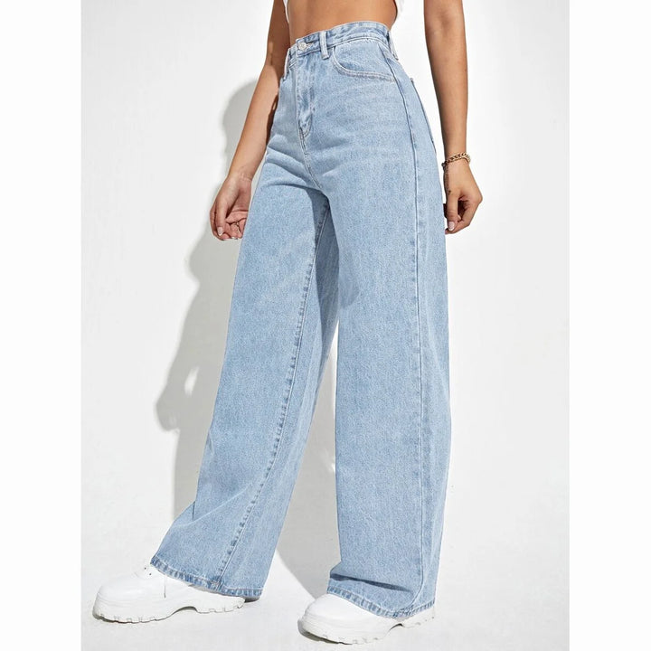 Helle Damen Loose Fit Jeans mit hohem Bund aus schwerem Denim, lässiger Schnitt, ideal für Alltag und Freizeitaktivitäten.