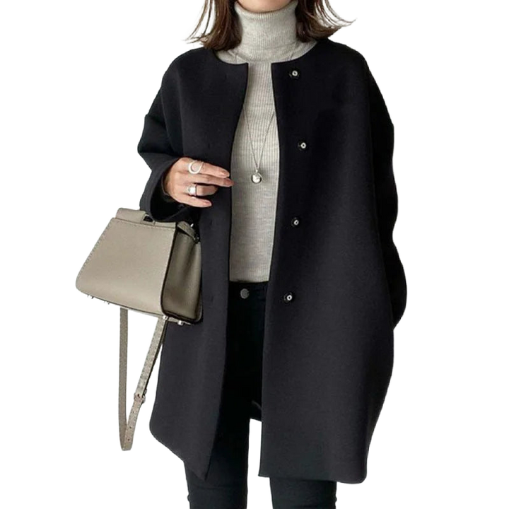 Damen Mantel in Kohleschwarz mit Knopfleiste, taillierter Silhouette und strapazierfähigem Mix aus Wolle und Polyester.