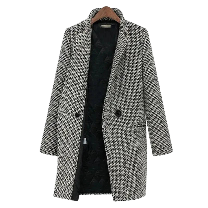 Damen Mantel in Schwarz und Weiß mit geometrischem Muster, aus weichem Wollmix, ideal für die Übergangszeit.