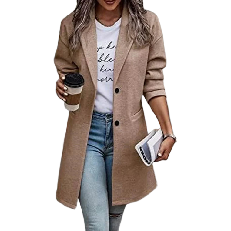 Damen Übergangsmantel in Khaki, aus weichem Material, zeitloses Design, mit praktischen Taschen und Gürtel.