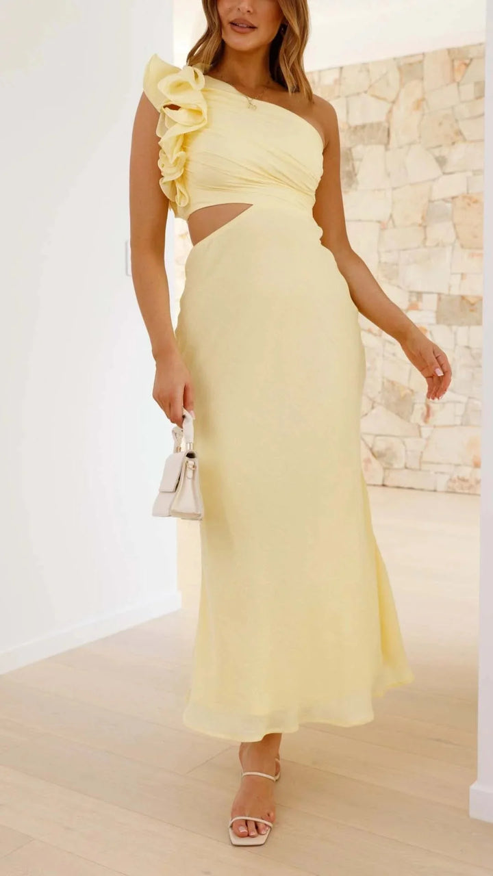 Damen Maxi-Ein-Schulterkleid Gelb mit Seiten-Cutouts – High-quality product image.