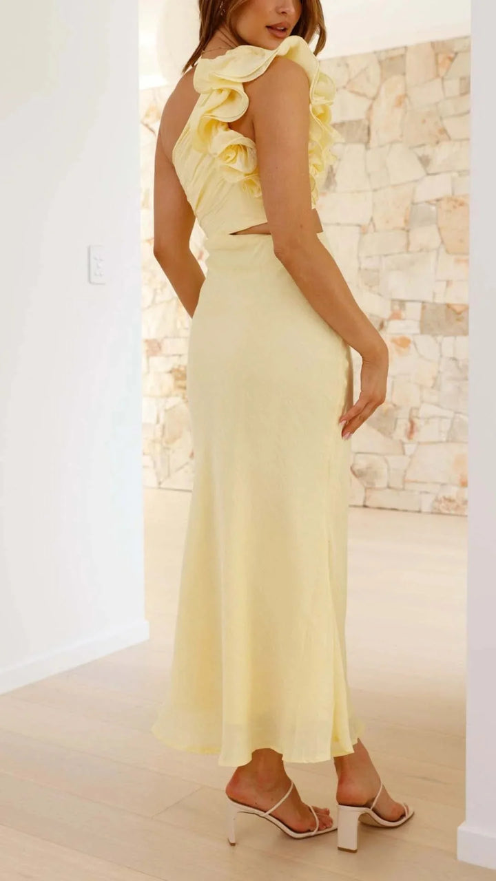 Damen Maxi-Ein-Schulterkleid Gelb mit Seiten-Cutouts – High-quality product image.