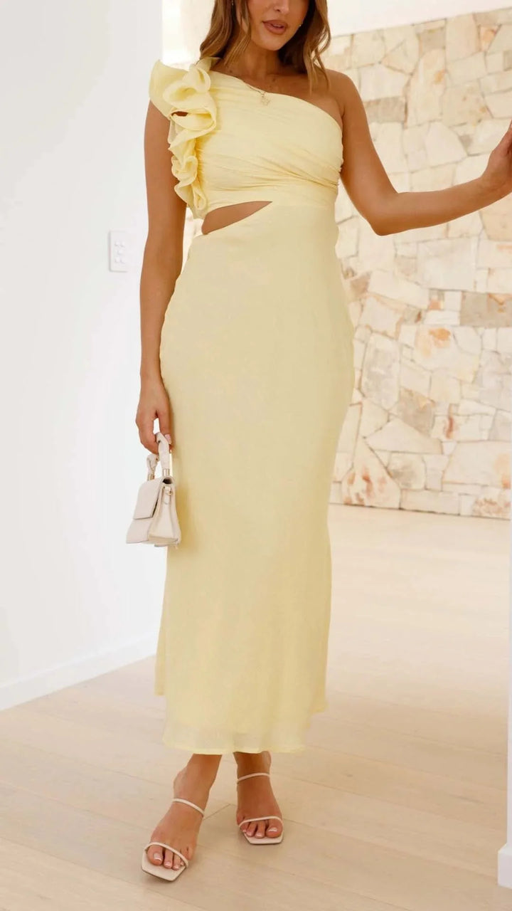 Damen Maxi-Ein-Schulterkleid Gelb mit Seiten-Cutouts – High-quality product image.