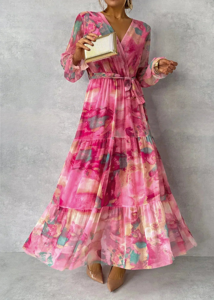Rosa Damen Maxi-Wickelkleid mit Blumenmuster, leichtes und luftiges Material perfekt für den Sommer, femininer Style für…