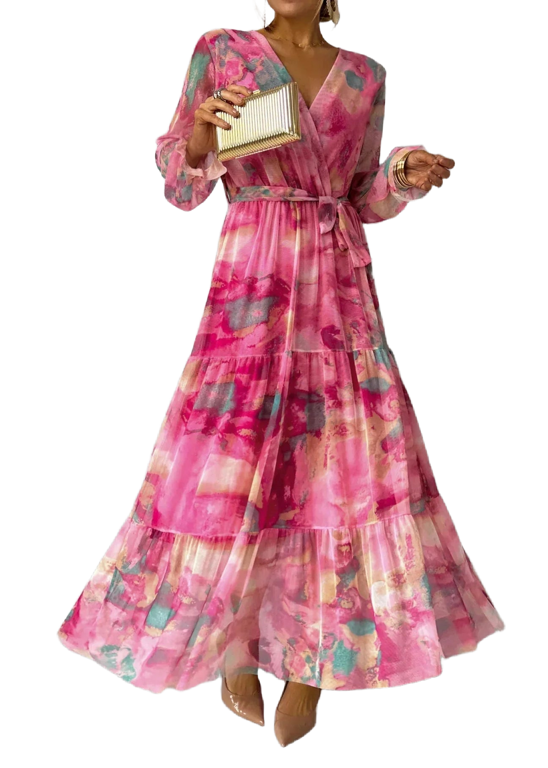 Rosa Damen Maxi-Wickelkleid mit Blumenmuster, leichtes und luftiges Material perfekt für den Sommer, femininer Style für…