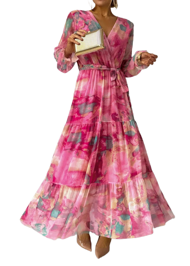 Rosa Damen Maxi-Wickelkleid mit Blumenmuster, leichtes und luftiges Material perfekt für den Sommer, femininer Style für…