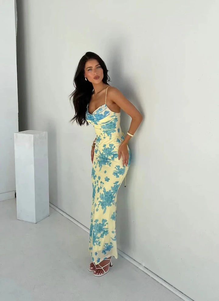 Damen Maxikleid Gelb Blau Blumenmuster Ärmellos – High-quality product image.
