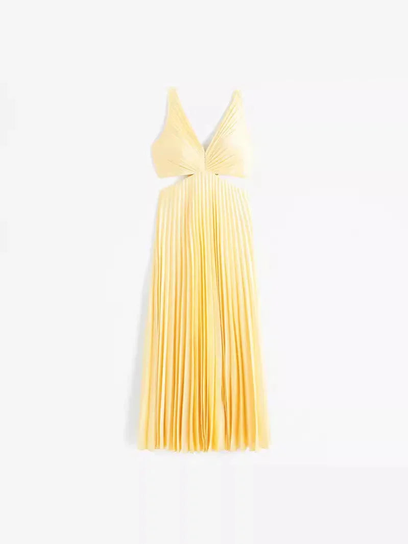 Damen Maxikleid Gelb Plissee mit Tiefem Ausschnitt – High-quality product image.