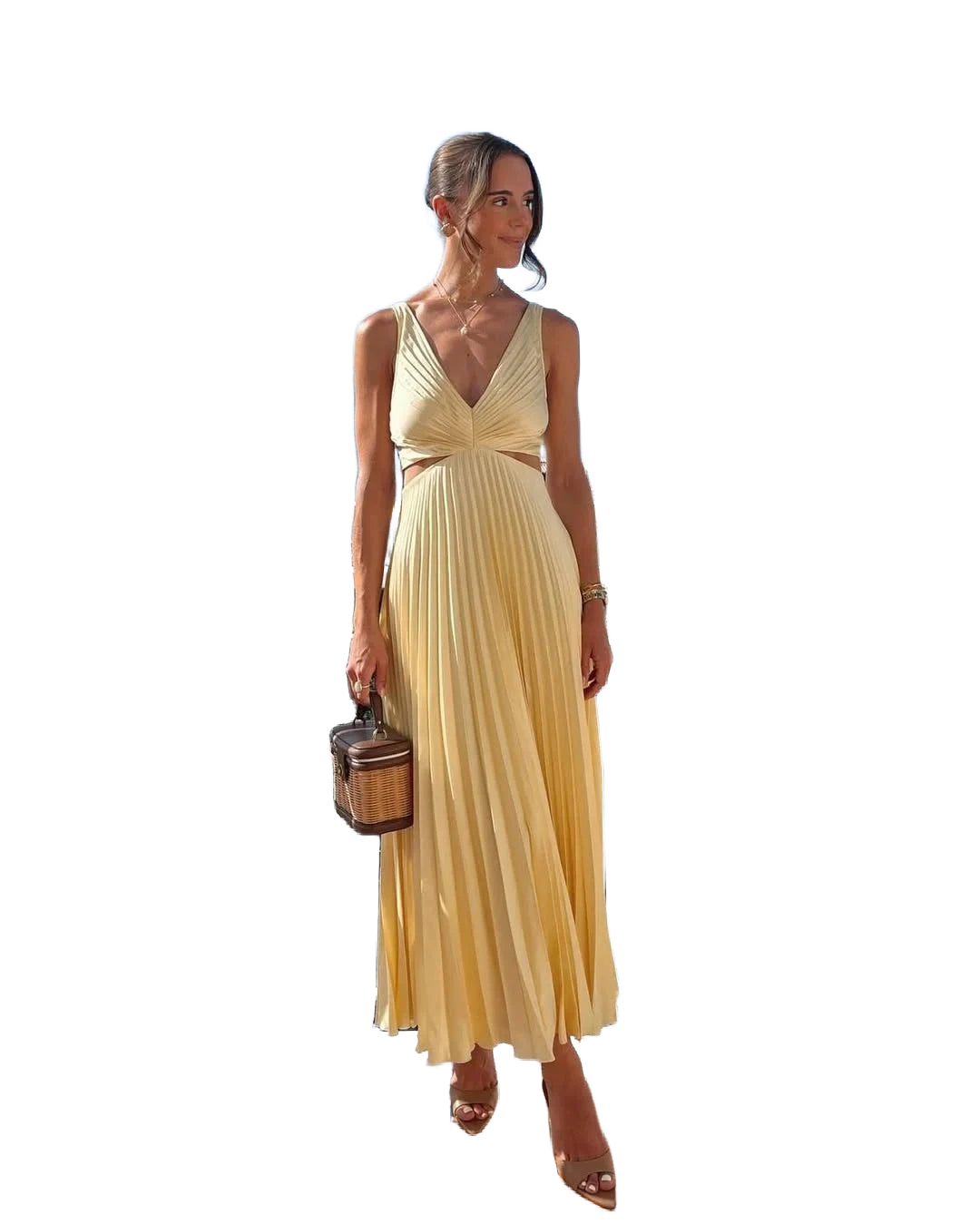 Damen Maxikleid Gelb Plissee mit Tiefem Ausschnitt – High-quality product image.