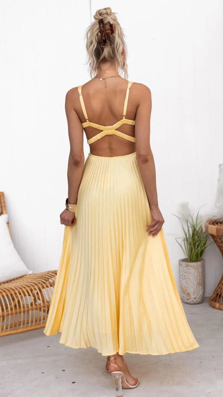Damen Maxikleid in Gelb mit V-Ausschnitt – High-quality product image.
