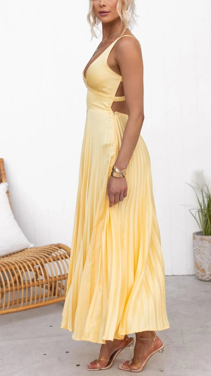 Damen Maxikleid in Gelb mit V-Ausschnitt – High-quality product image.