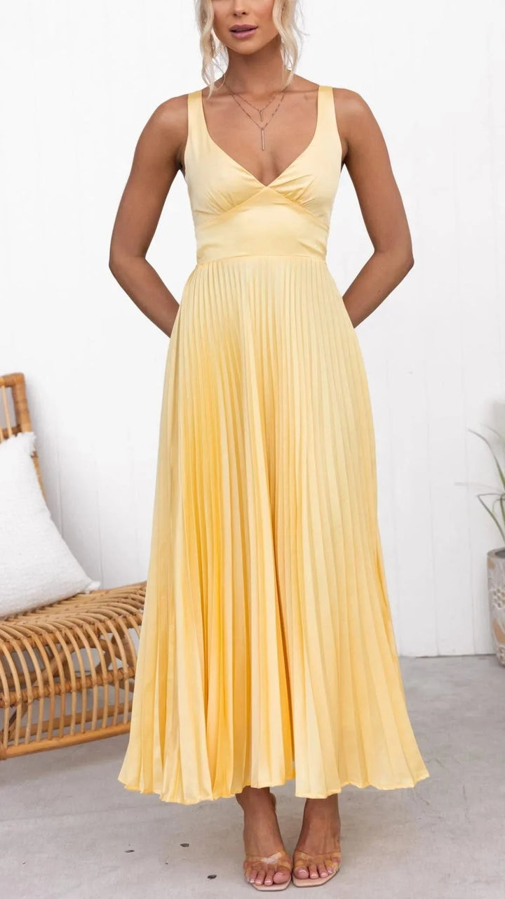 Damen Maxikleid in Gelb mit V-Ausschnitt – High-quality product image.