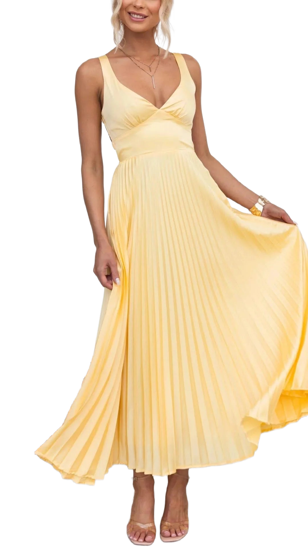 Damen Maxikleid in Gelb mit V-Ausschnitt – High-quality product image.