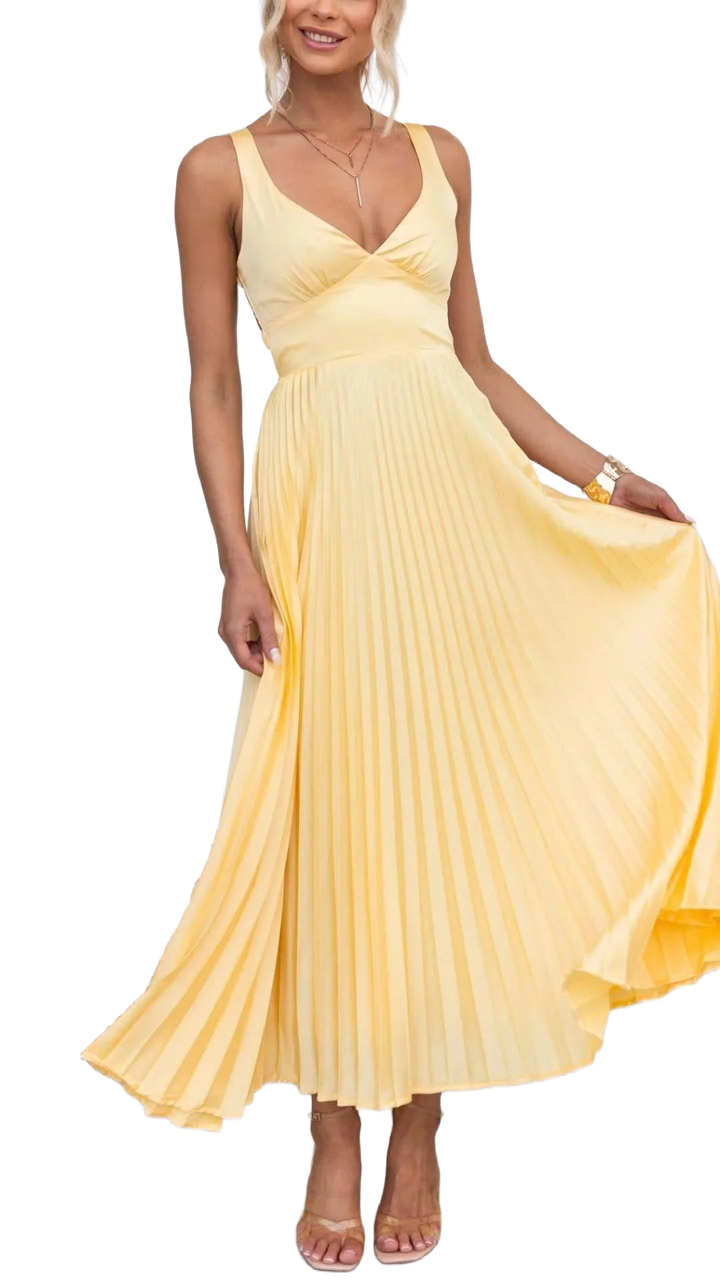Damen Maxikleid in Gelb mit V-Ausschnitt – High-quality product image.