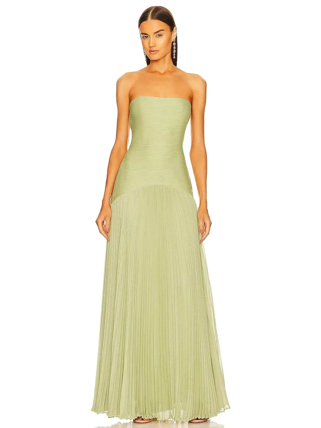 Damen Maxikleid in Olivgrün mit trägerlosem Design – High-quality product image.