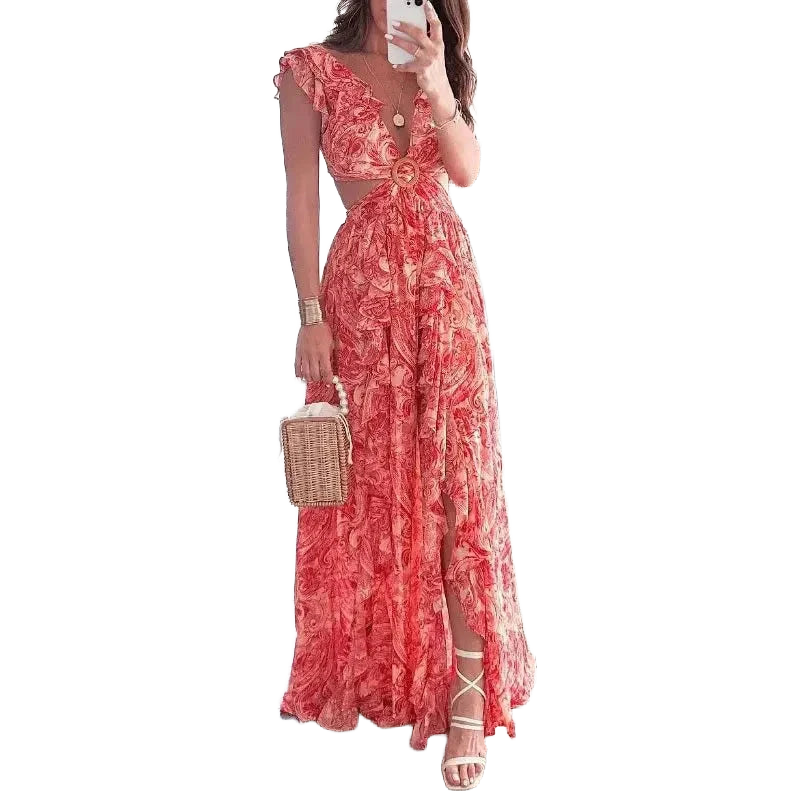 Damen Maxikleid mit Blumenmuster und V-Ausschnitt – High-quality product image.