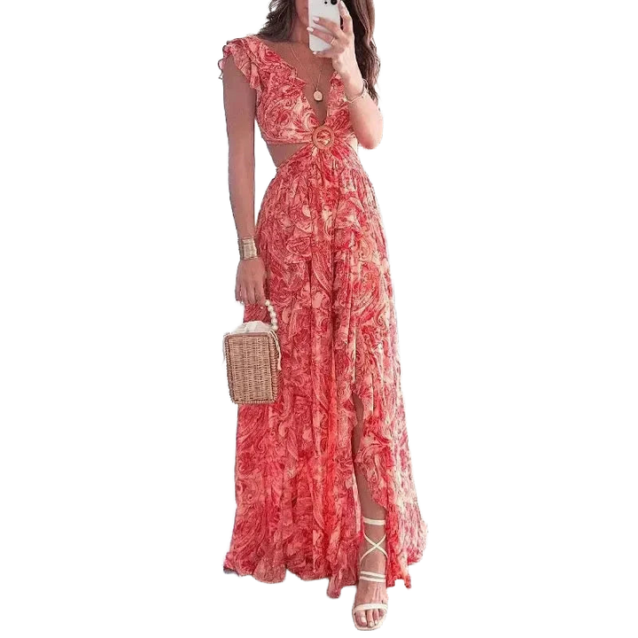 Damen Maxikleid mit Blumenmuster und V-Ausschnitt – High-quality product image.