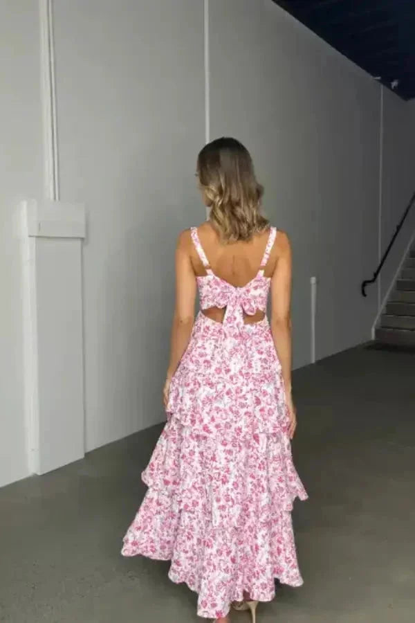 Damen Maxikleid mit floraler Musterung und Schleifenrücken – High-quality product image.