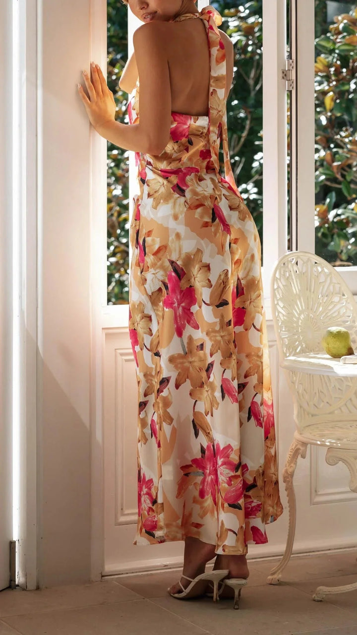 Damen Maxikleid mit Halsschleife und Blumenmuster – High-quality product image.