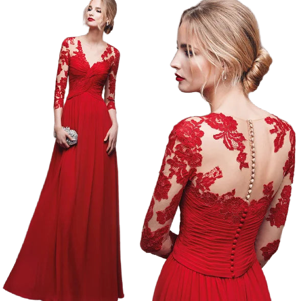 Schwarzes Damen Maxi-Kleid aus leichtem Stoff mit Spitzenapplikationen und raffiniertem Rückendetail.