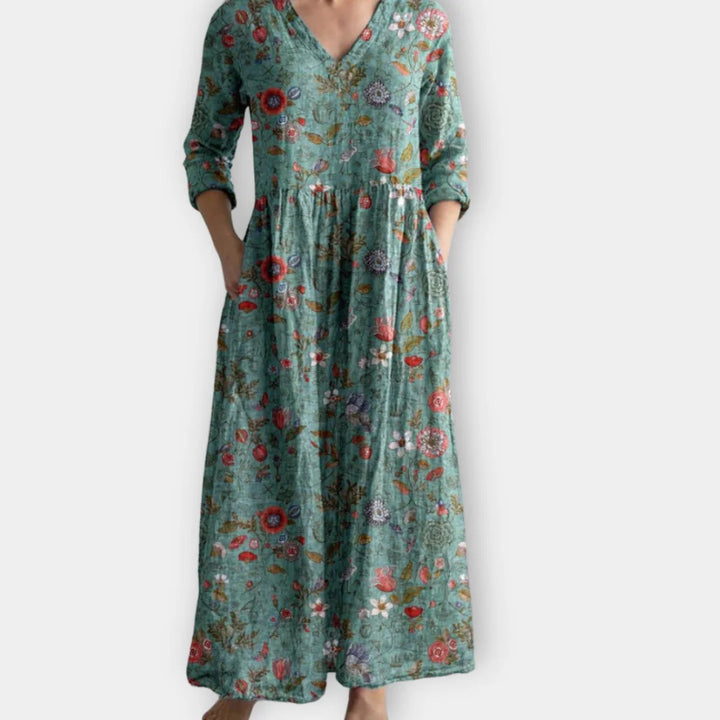 Damen Midikleid mit V-Ausschnitt in Grün Floral-Print