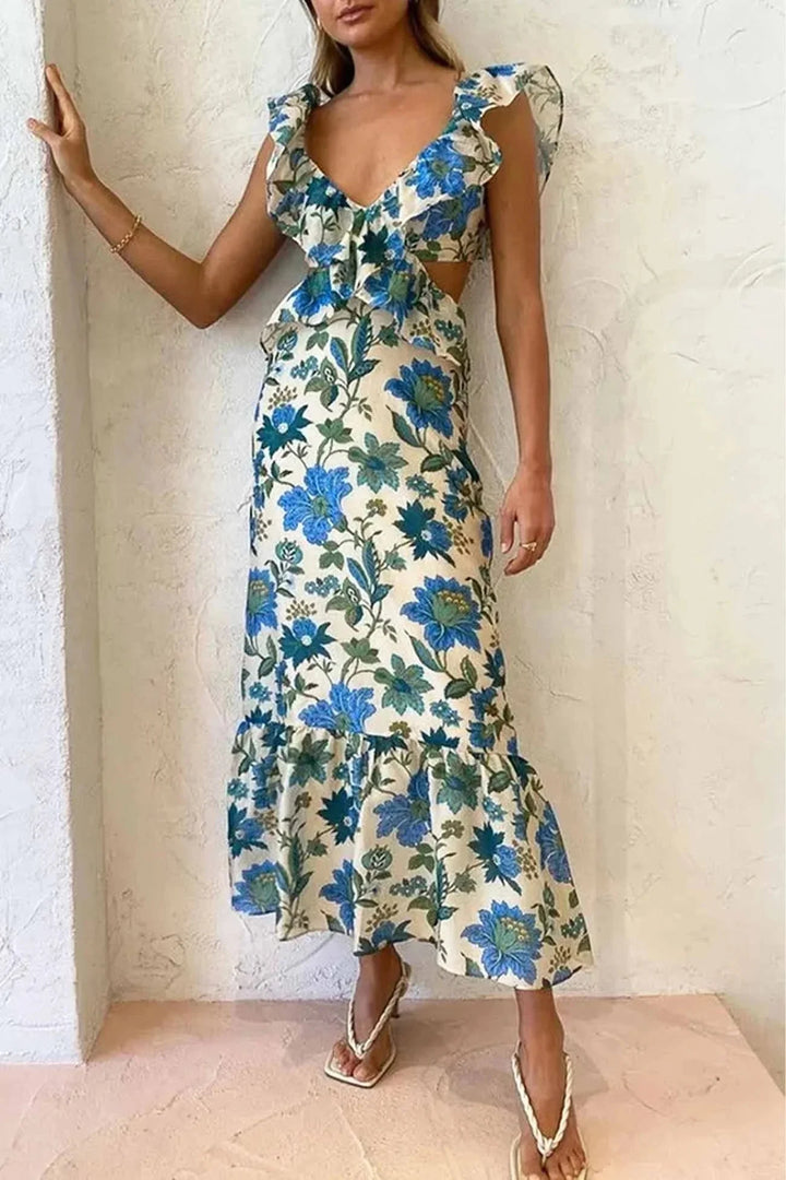 Damen Maxikleid mit V-Ausschnitt und floralem Rüschensaum – High-quality product image.