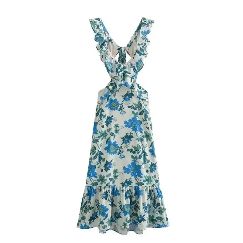 Damen Maxikleid mit V-Ausschnitt und floralem Rüschensaum – High-quality product image.