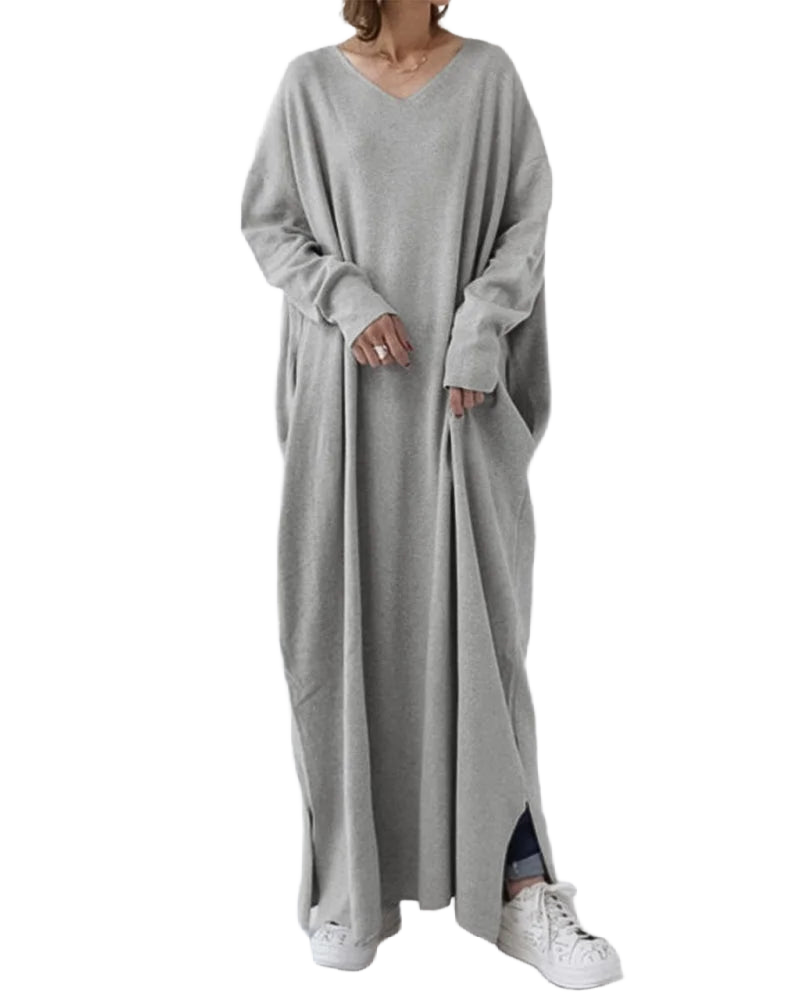 Graues Damen Maxikleid mit V-Ausschnitt, langen Ärmeln und fließendem Stoff für einen eleganten Look.