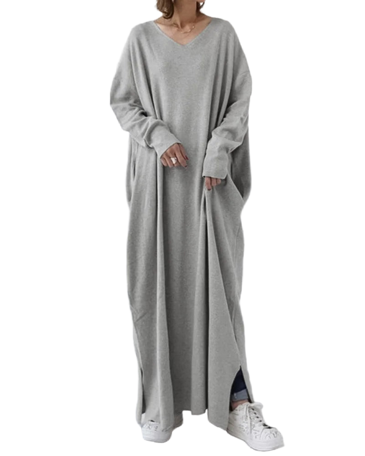 Graues Damen Maxikleid mit V-Ausschnitt, langen Ärmeln und fließendem Stoff für einen eleganten Look.
