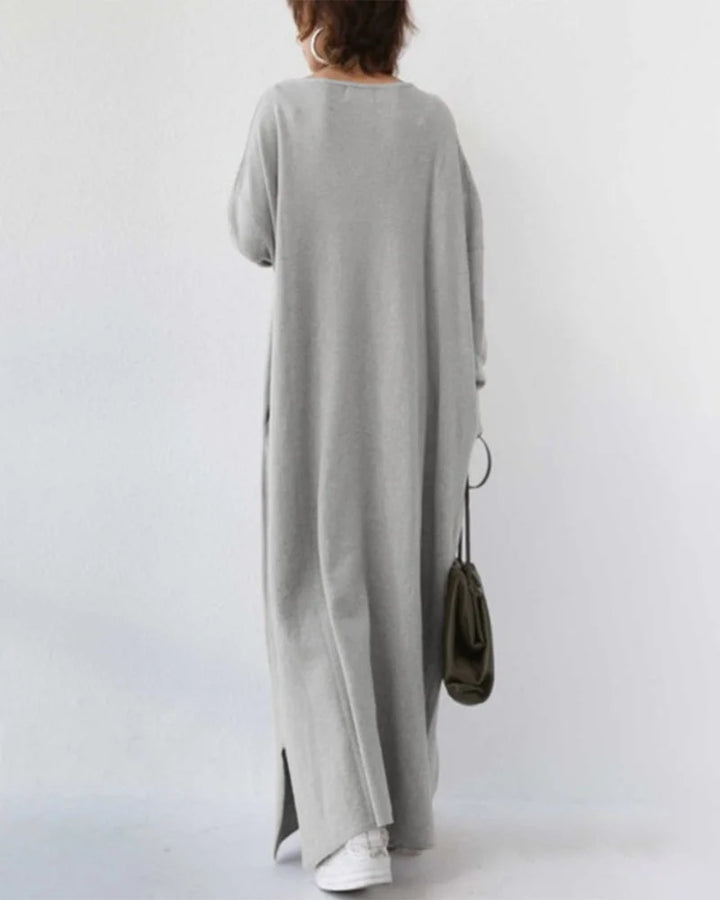 Damen Maxikleid mit V-Ausschnitt, langen Ärmeln, aus leichtem Baumwollmaterial, ideal für Frühling und Sommer.