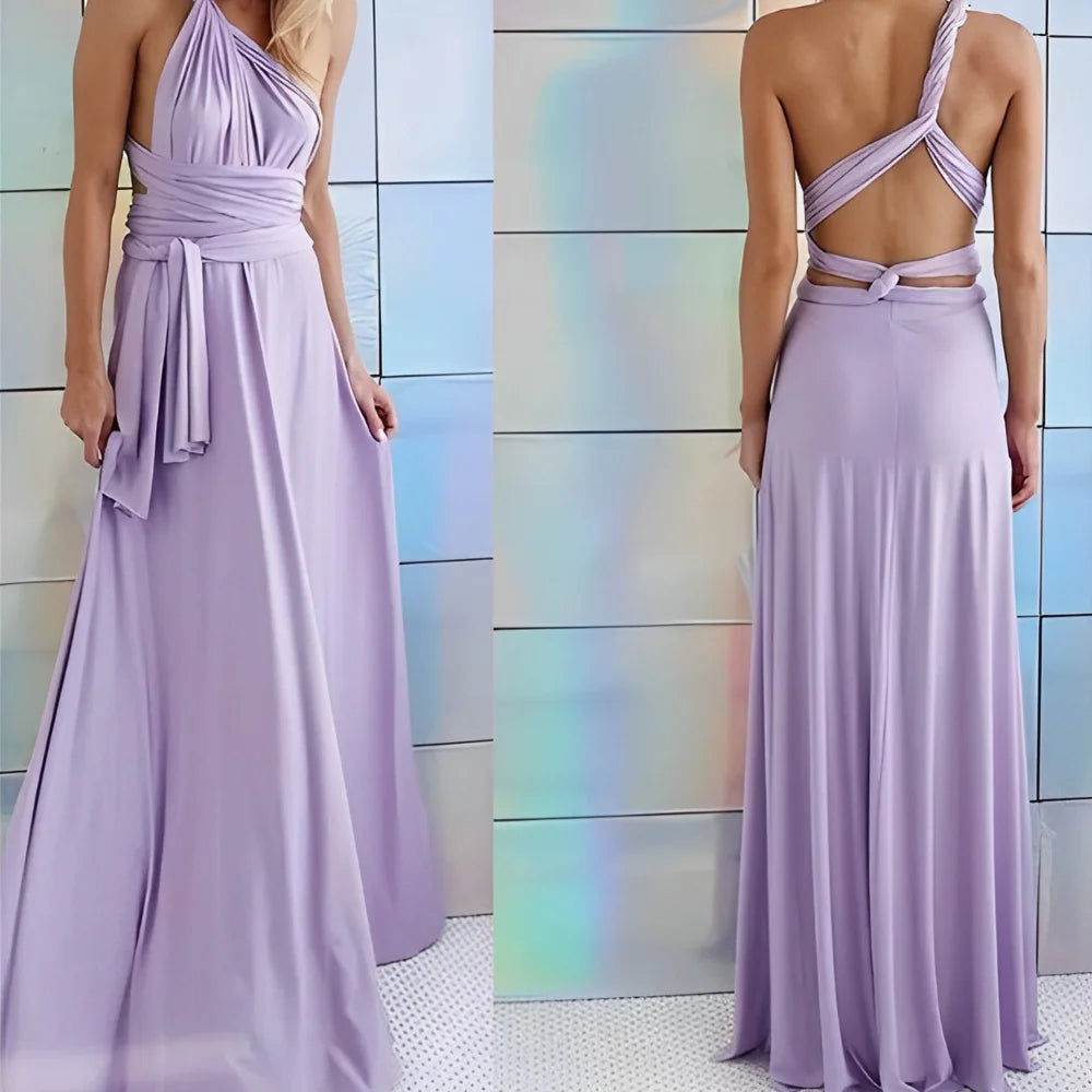 Lila Damen Maxikleid mit verstellbarem Nackenband aus bequemem Stoff, perfekt für den Sommer.