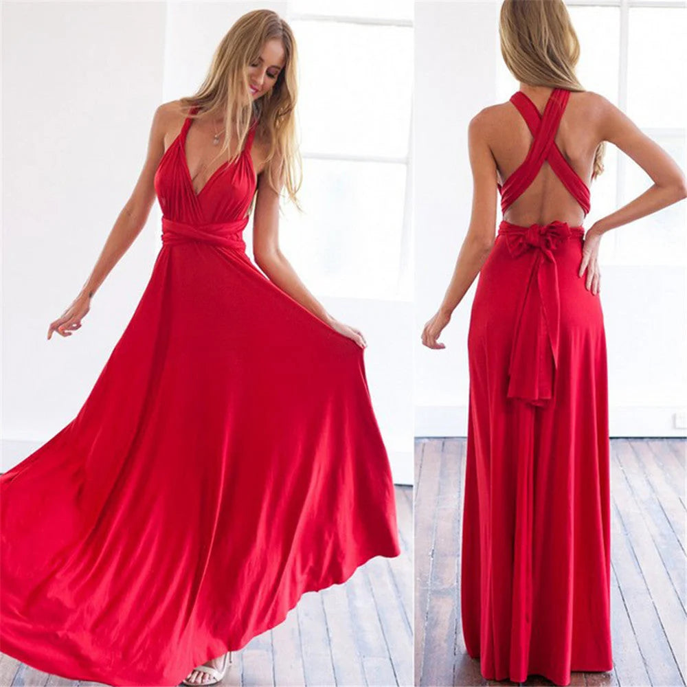 Rotes Maxikleid für Damen mit verstellbarem Nackenband, aus leichtem Stoff, perfekt für Sommerabende oder Strandspaziergänge.