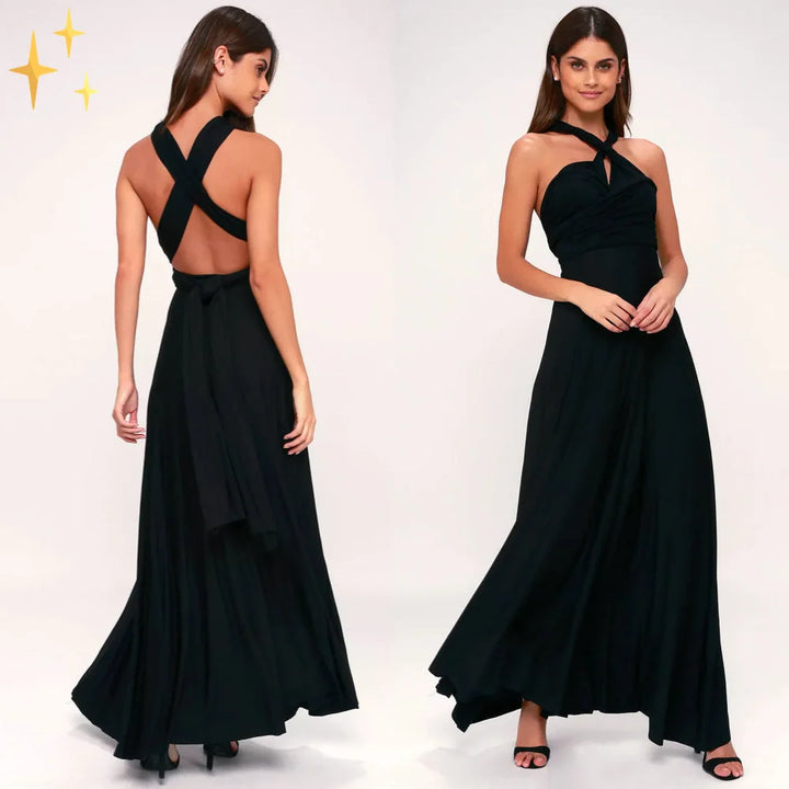 Schwarzes Damen Maxikleid mit verstellbarem Nackenband, aus leichtem Stoff, schlichtes Design, perfekt für sommerliche Tage.