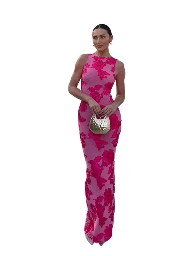 Damen Maxikleid Pink mit floralem Muster ärmellos – High-quality product image.
