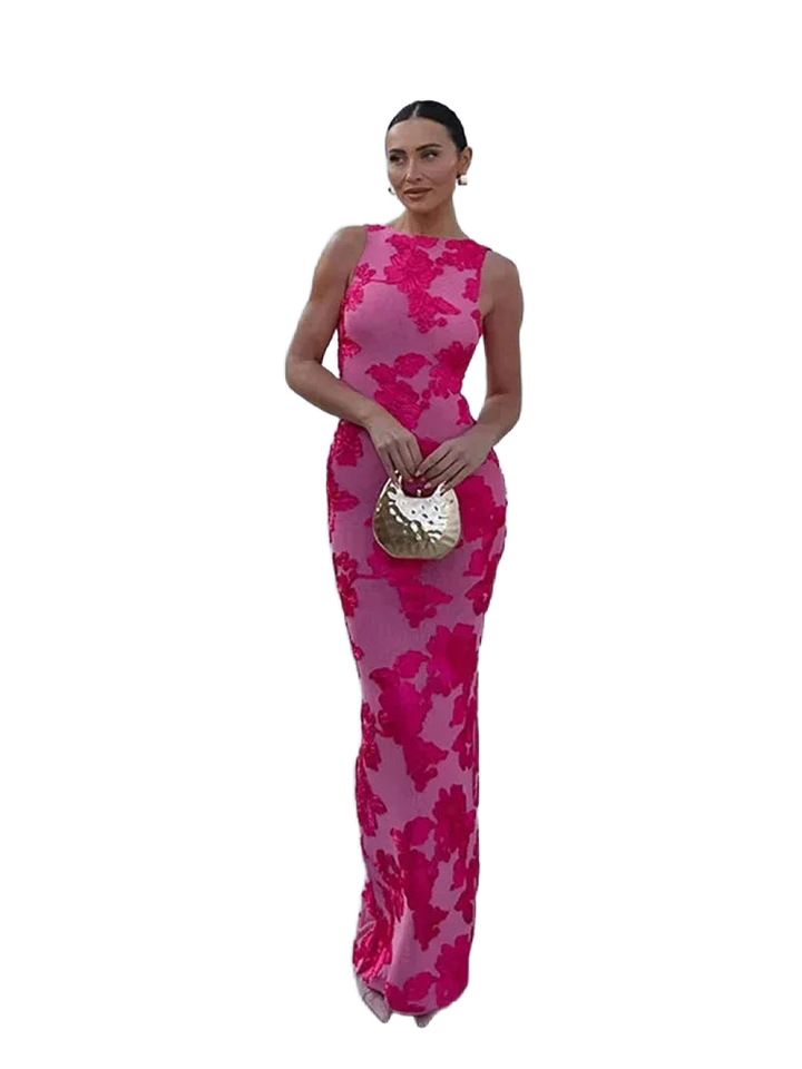 Damen Maxikleid Pink mit floralem Muster ärmellos – High-quality product image.