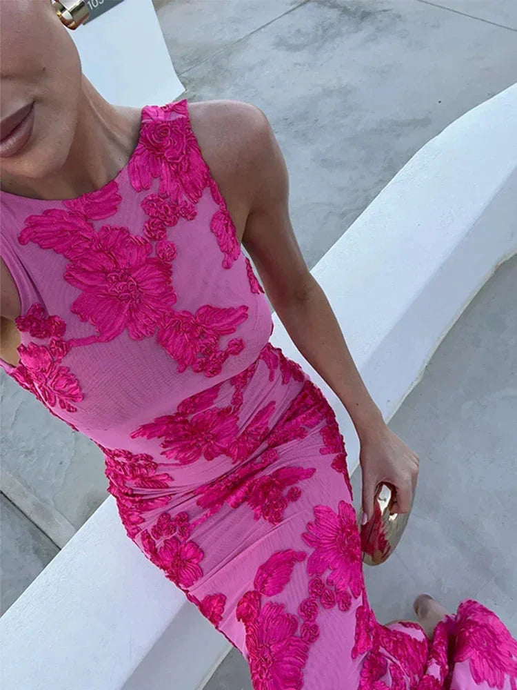 Damen Maxikleid Pink mit floralem Muster ärmellos – High-quality product image.